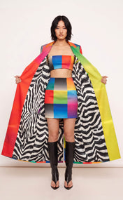 Rainbow Gradient Double-Breasted Power Check Maxi Blazer