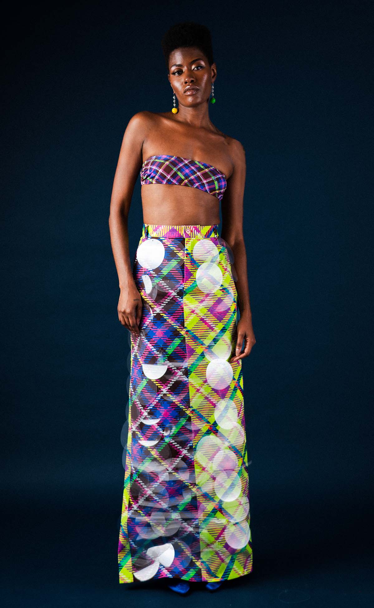Bubbles Chocolate and Lime Plaid Maxi Denim Skirt