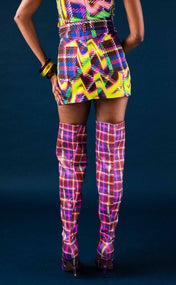 Chocolate Plaid Glitch Denim Mini Skirt