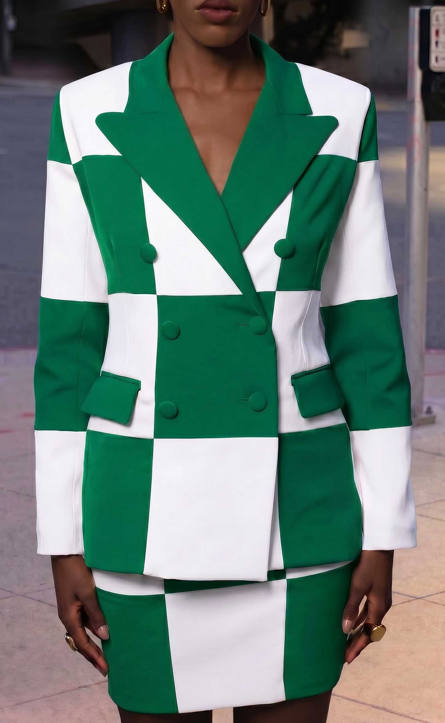 Green and White Double-Breasted Power Check Blazer
