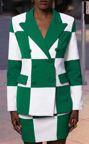 Green and White Double-Breasted Power Check Blazer