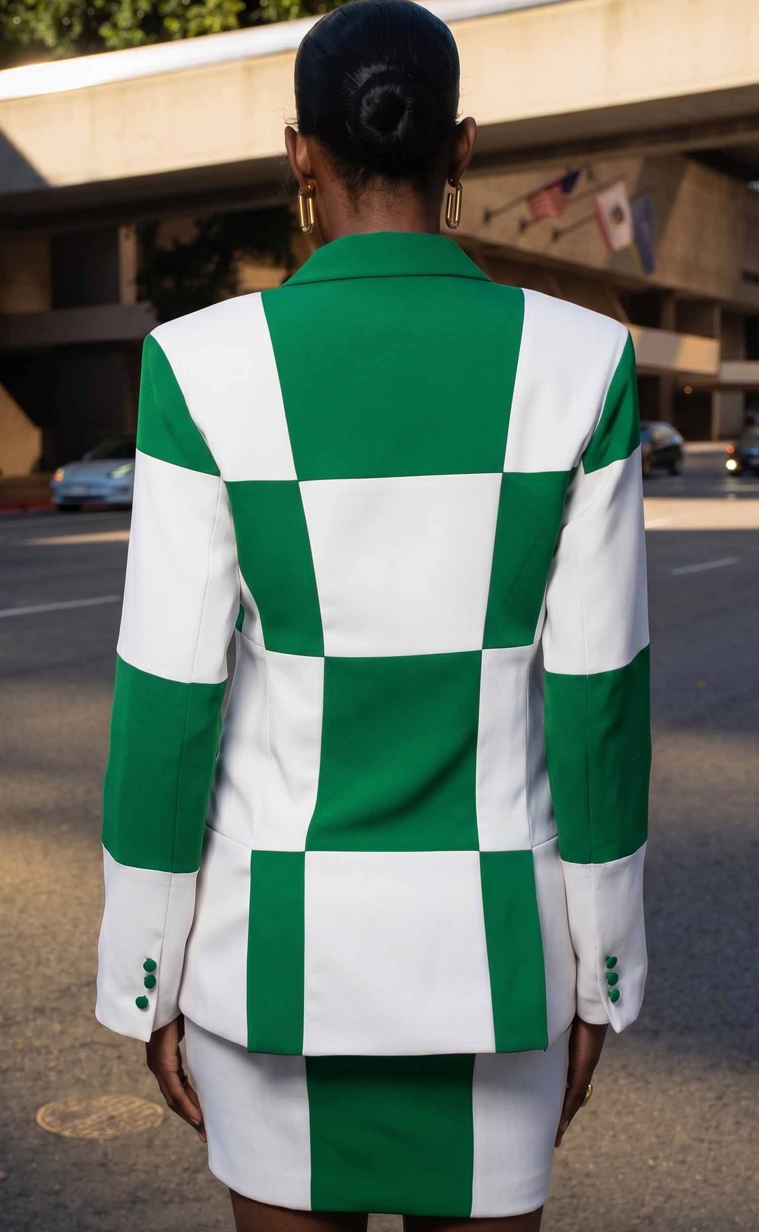 Green and White Double-Breasted Power Check Blazer