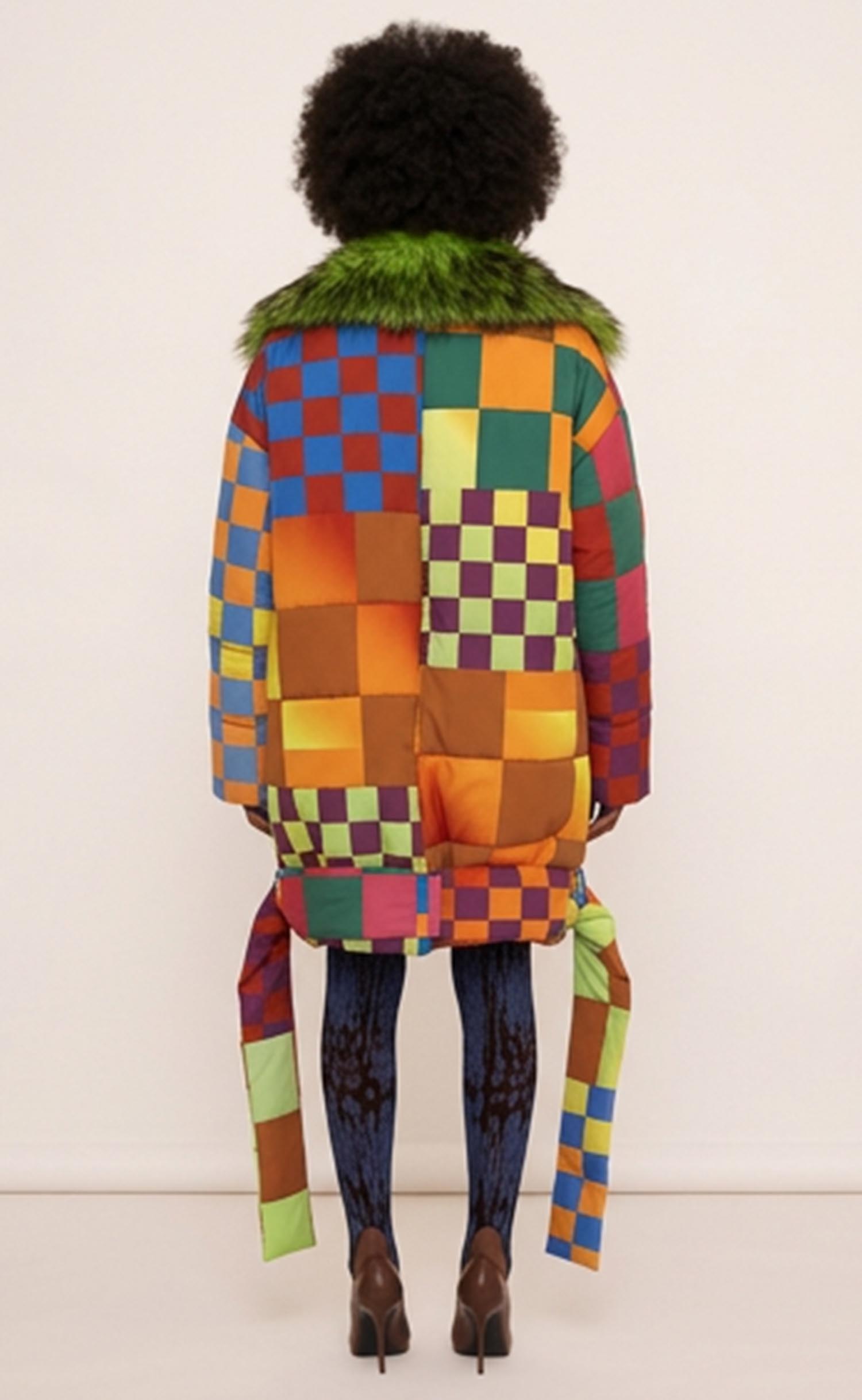 Jewel Tone Psycheck Puffer with Fur