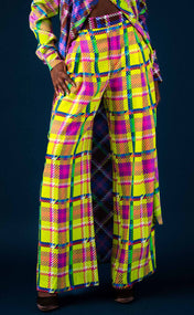 Neon Plaid Wide Leg Pant