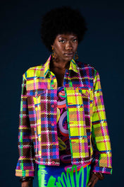 Chocolate and Lime Plaid Denim Jacket