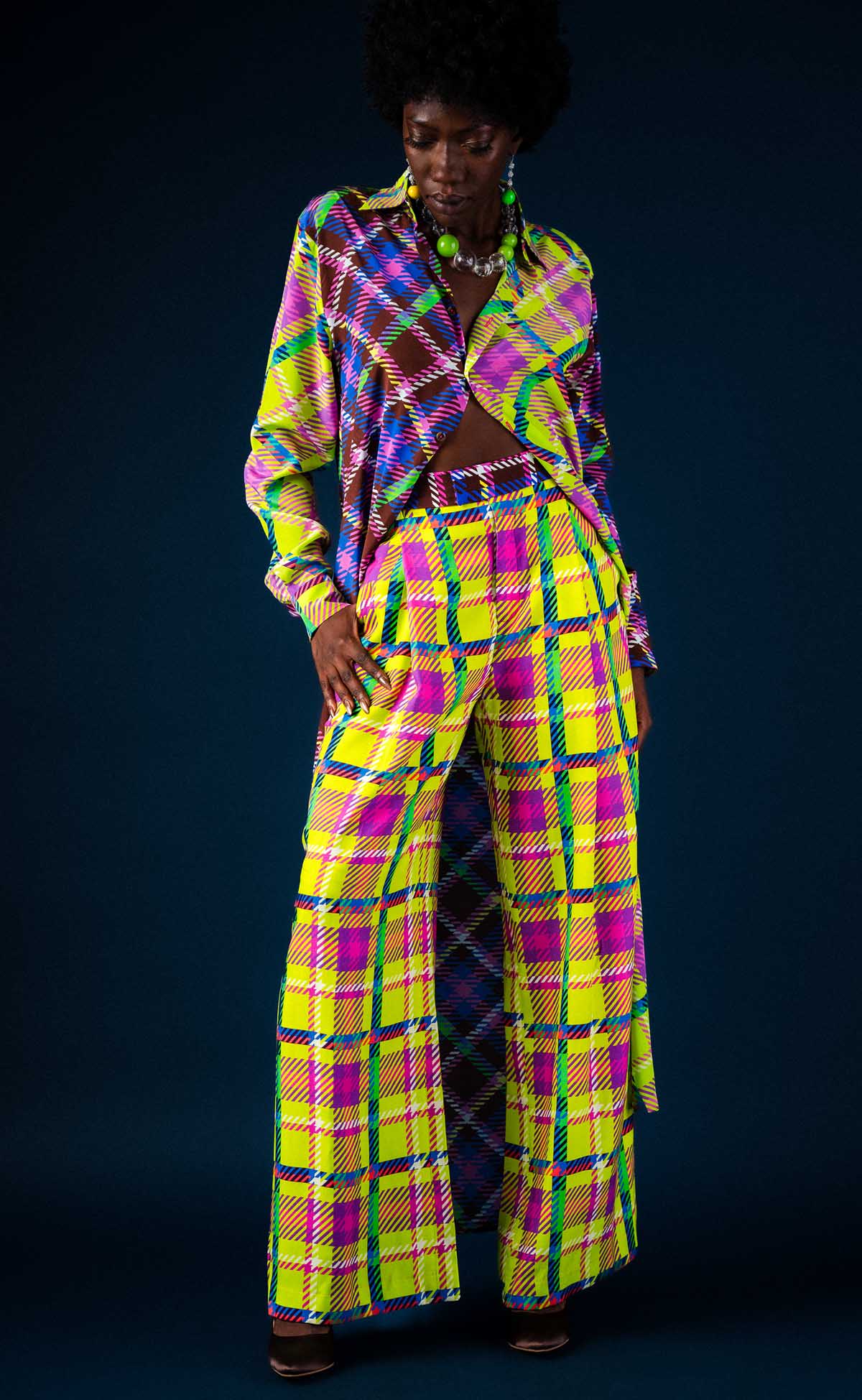Chocolate and Lime Plaid Maxi Shirt Dress