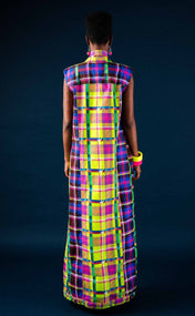 Chocolate and Lime Plaid Maxi Sleeveless Denim Vest