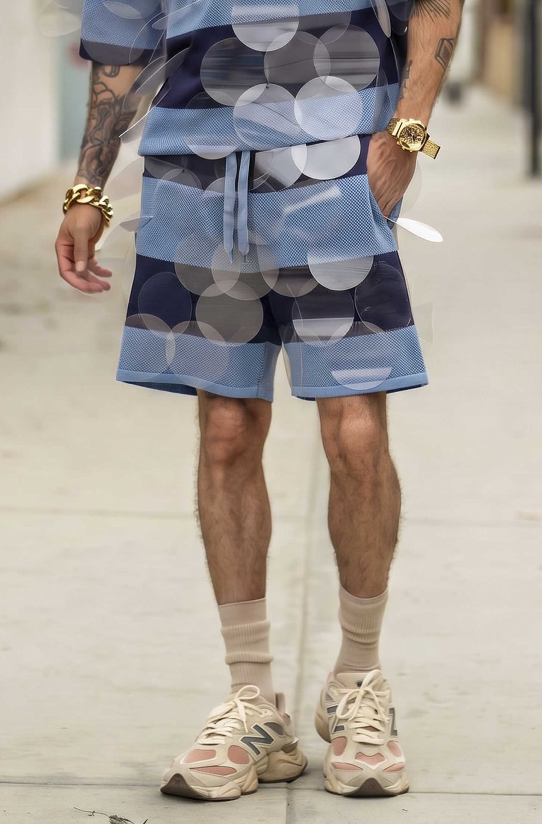 Blue on Blue Striped Bubbles Drawstring Shorts