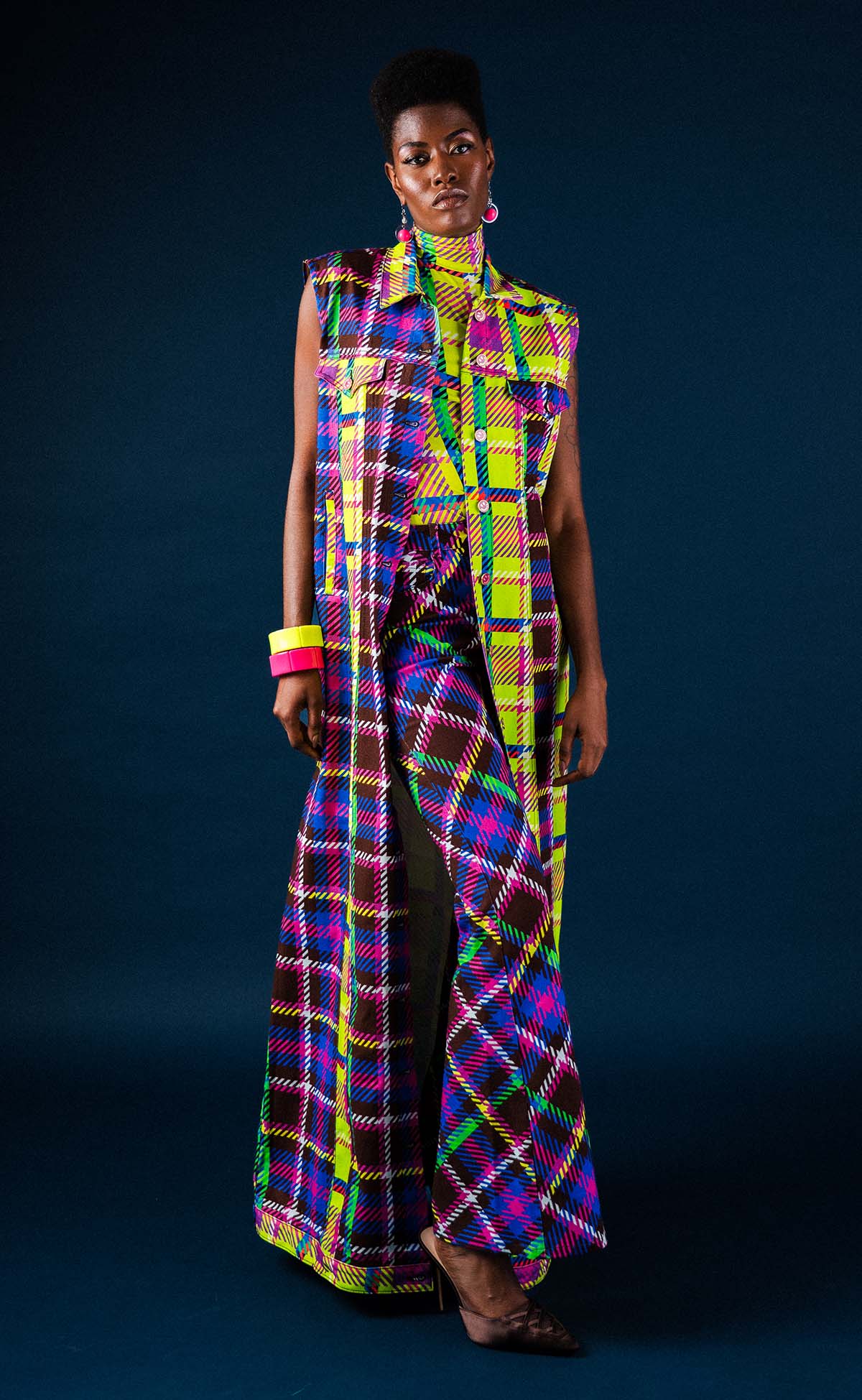 Chocolate and Lime Plaid Maxi Sleeveless Denim Vest