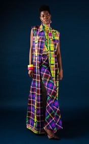 Chocolate and Lime Plaid Maxi Sleeveless Denim Vest