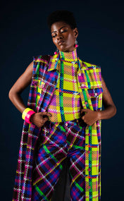 Chocolate and Lime Plaid Maxi Sleeveless Denim Vest