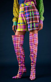 Chocolate and Lime Plaid High Waist Shorts