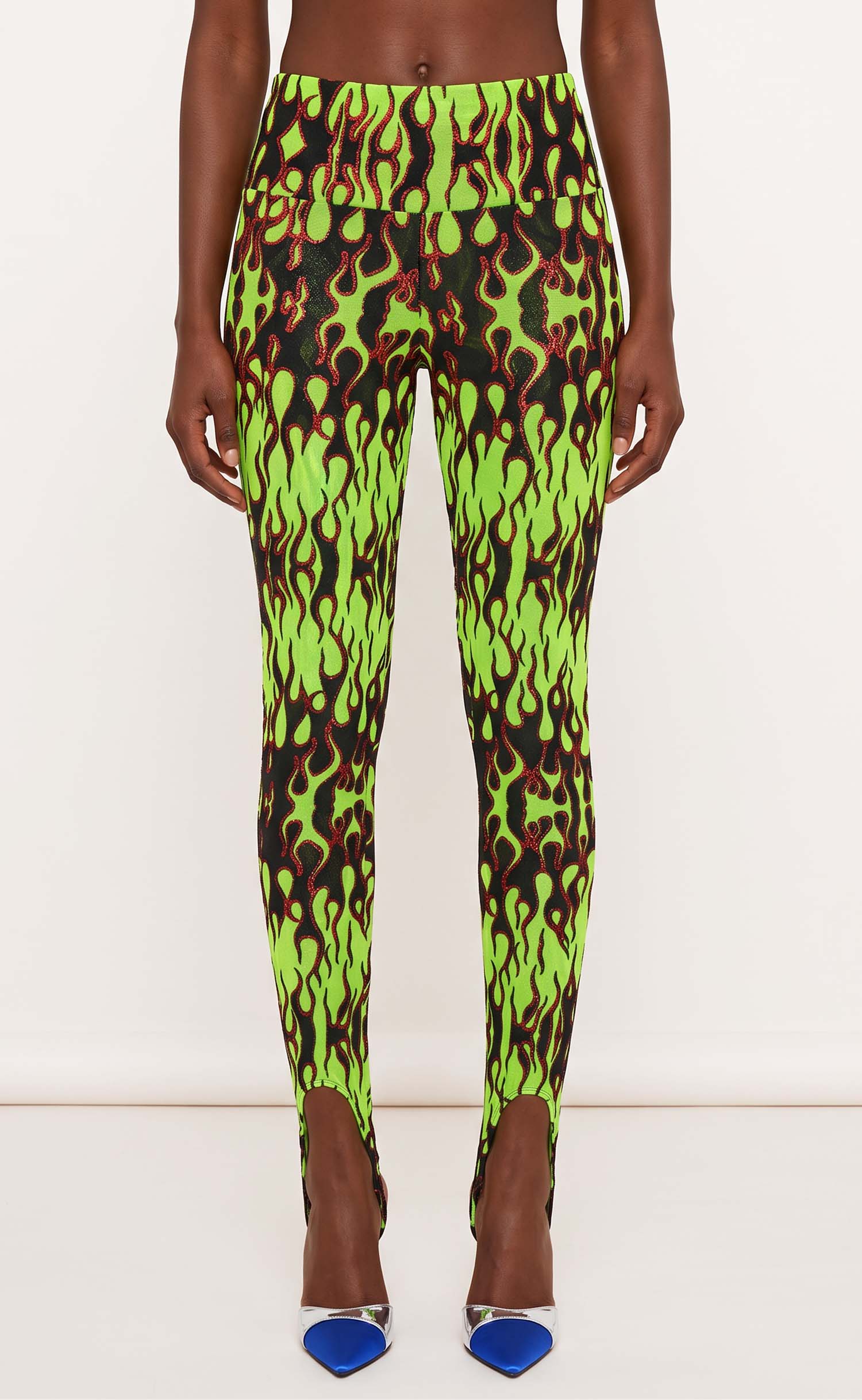 Neon Green Flame Power Mesh Stirrup Leggings