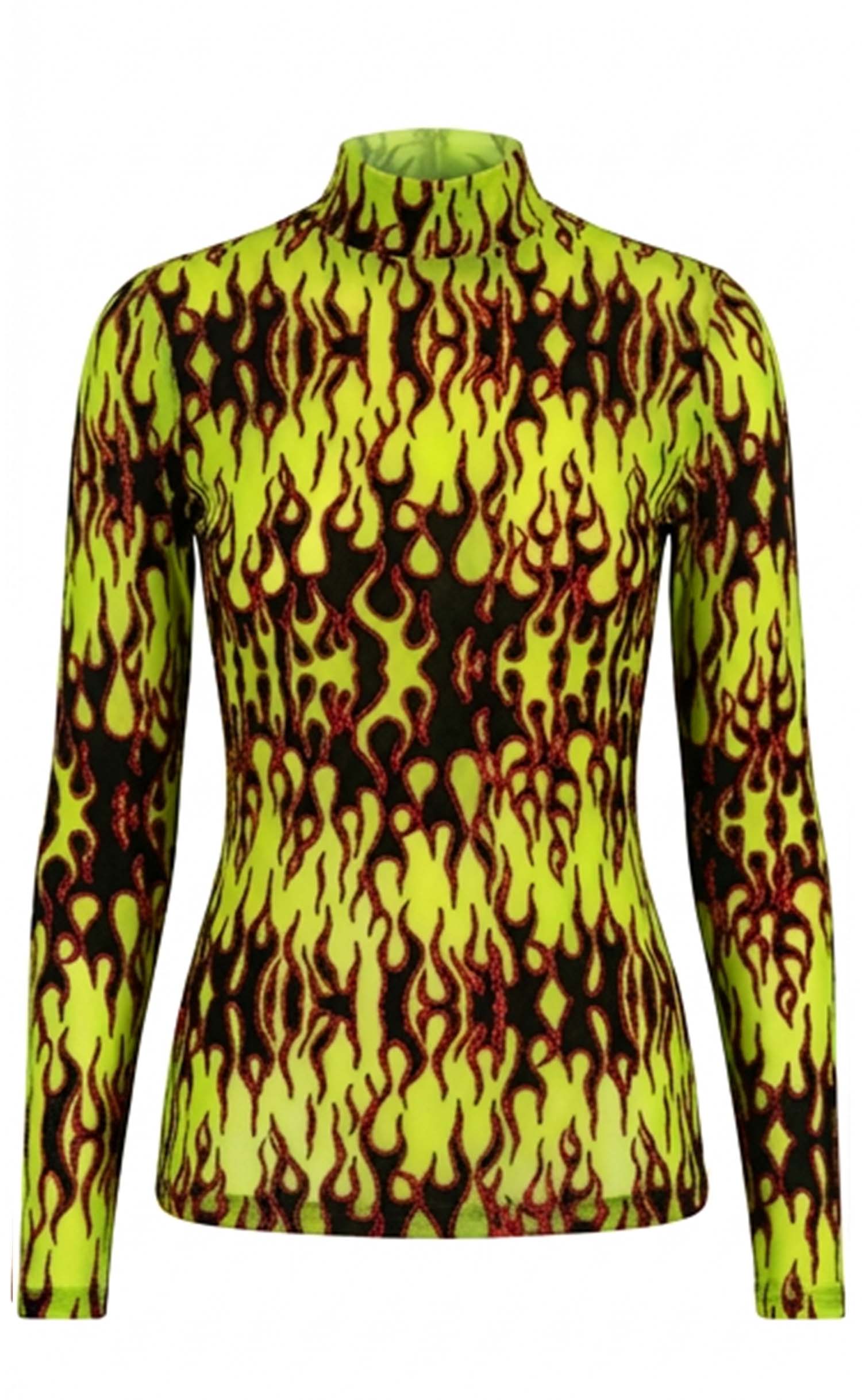 Neon Green Flame Power Mesh Mock Neck Top
