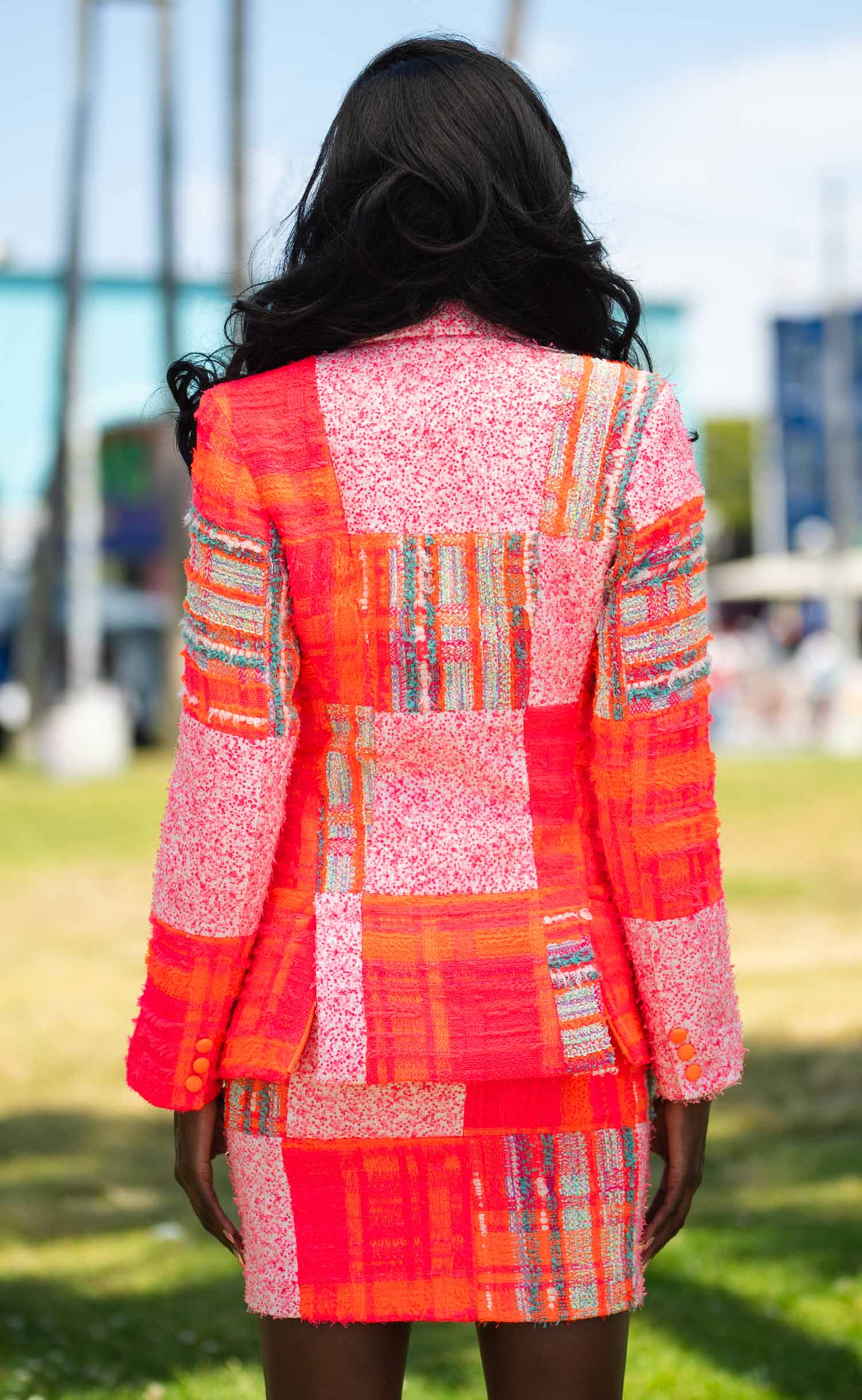Orange Dream Tweed Double-Breasted Power Check Blazer