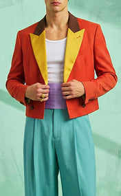 Tomato Red Color-Block Cropped Blazer