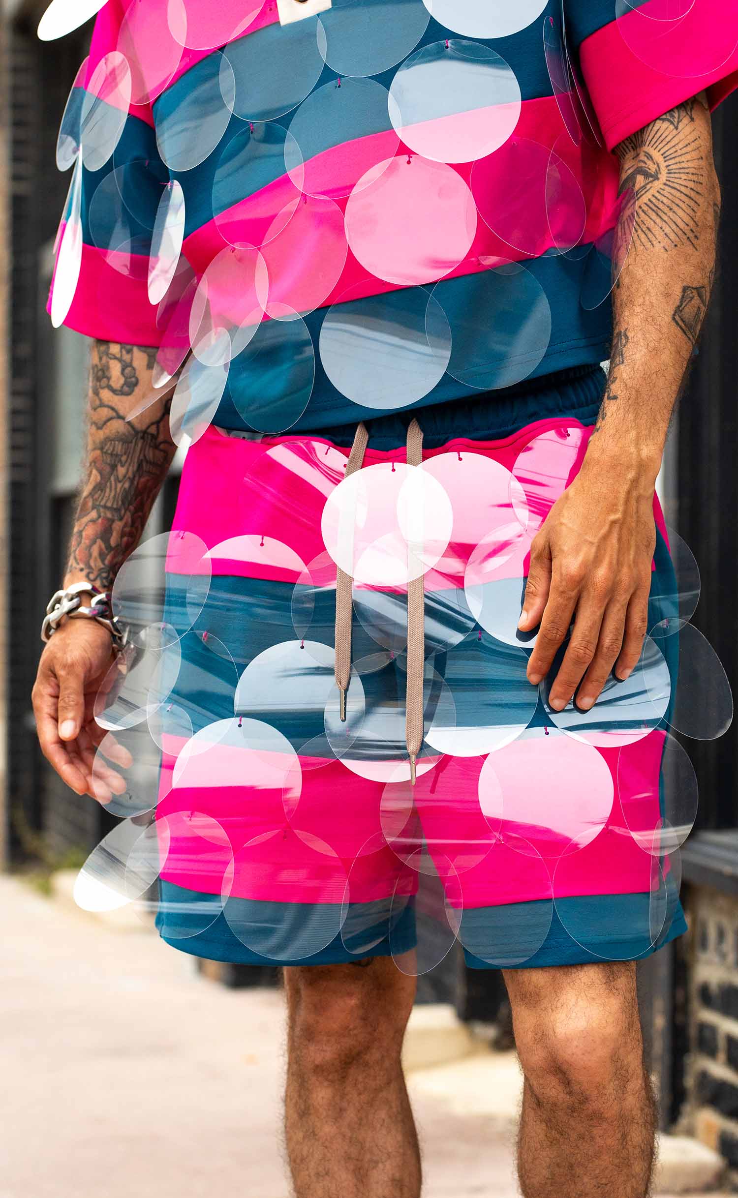 Fuchsia Teal Striped Bubbles Drawstring Shorts