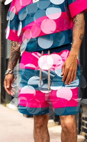 Fuchsia Teal Striped Bubbles Drawstring Shorts
