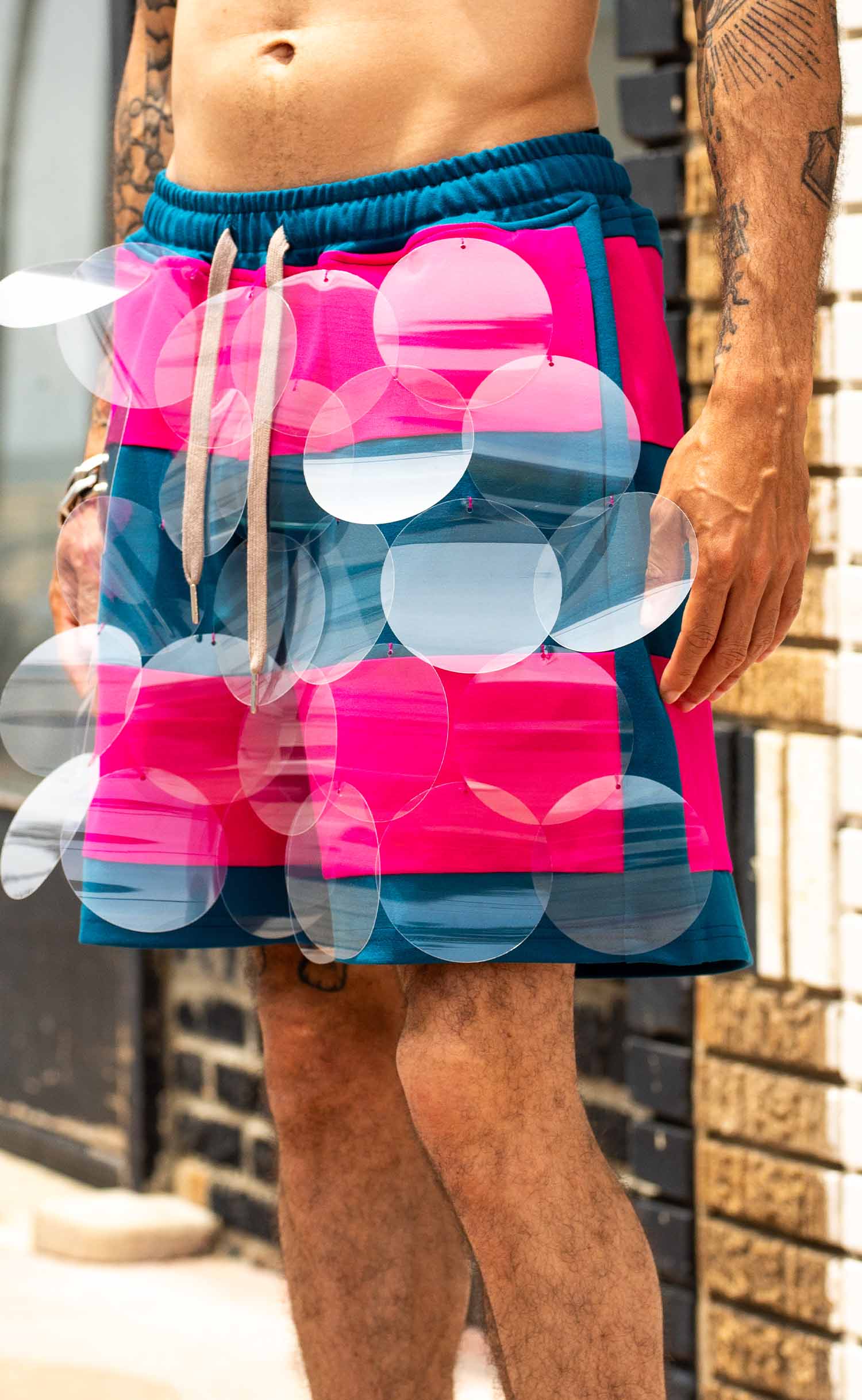Fuchsia Teal Striped Bubbles Drawstring Shorts