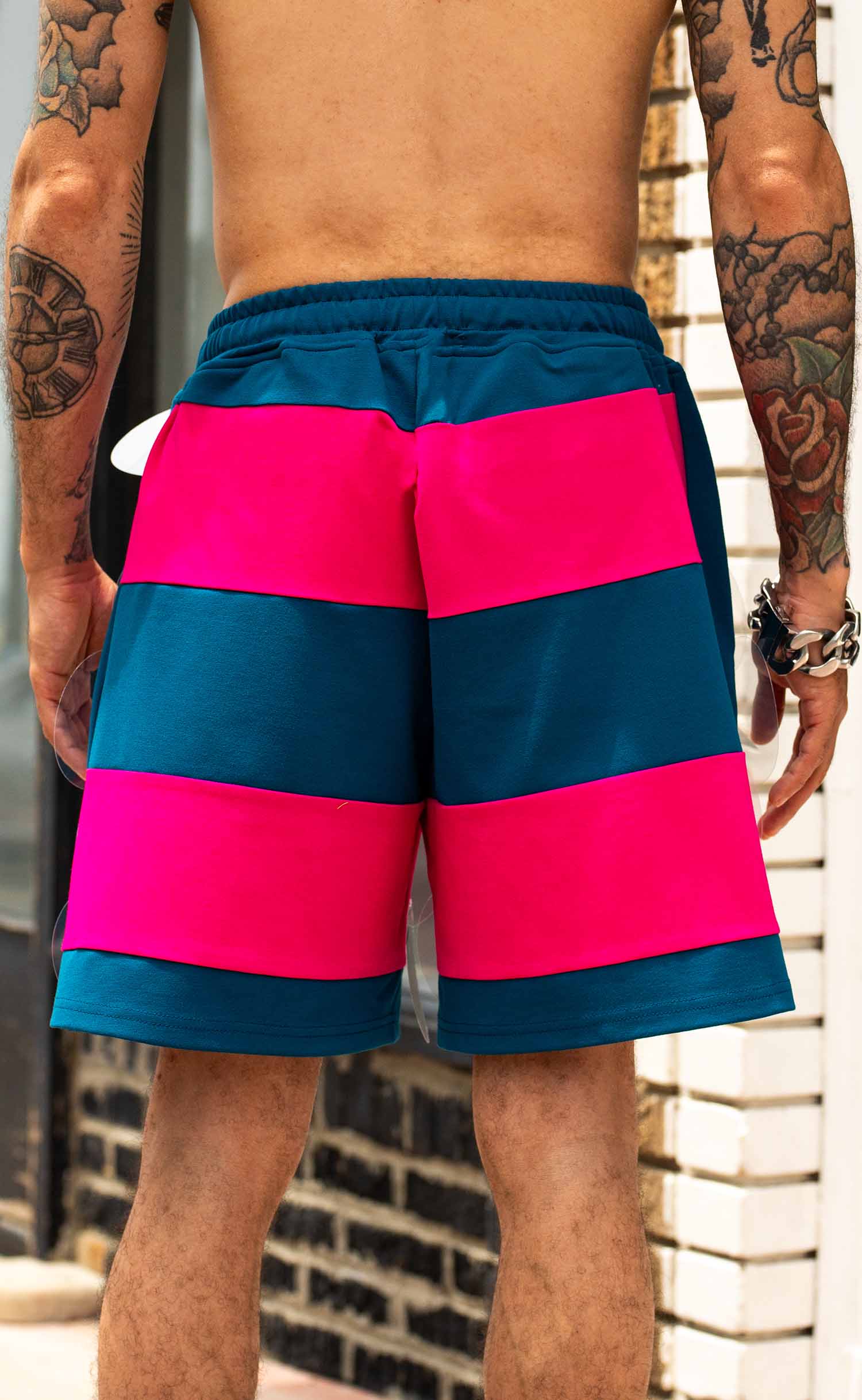 Fuchsia Teal Striped Bubbles Drawstring Shorts