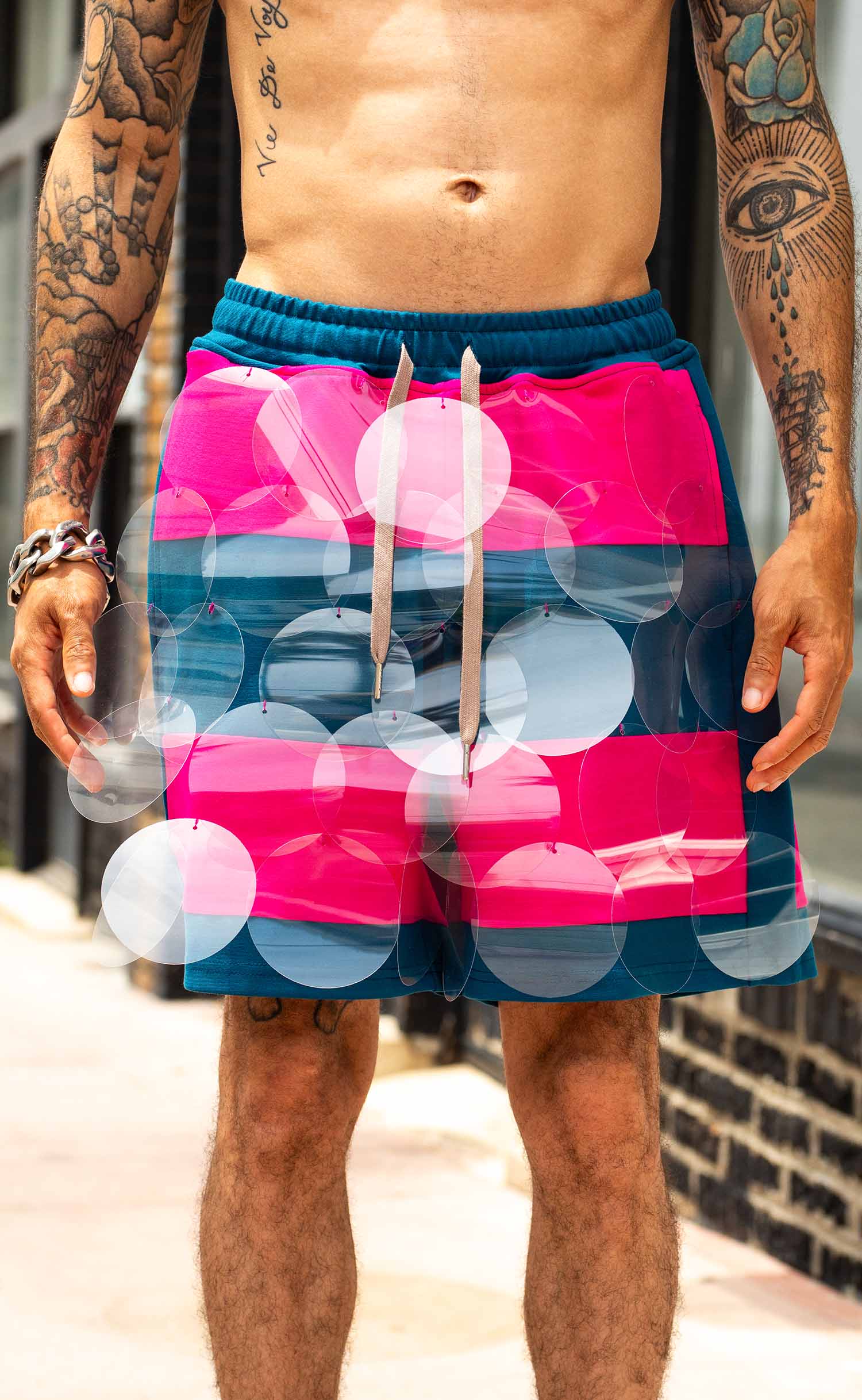 Fuchsia Teal Striped Bubbles Drawstring Shorts