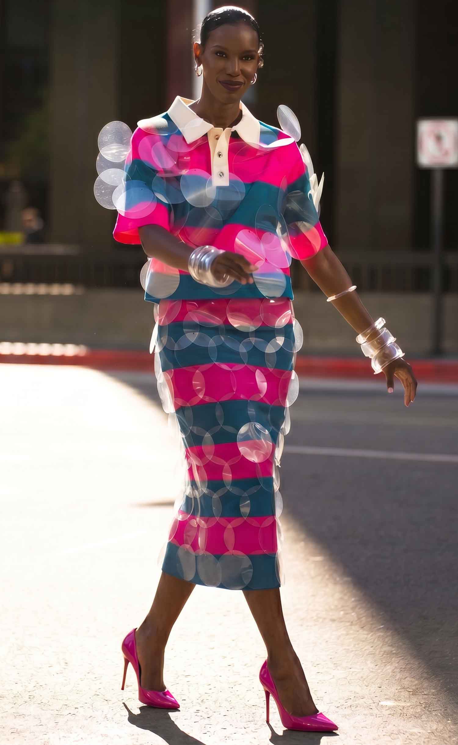 Fuchsia Teal Striped Bubbles Midi Skirt