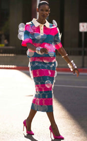Fuchsia Teal Striped Bubbles Midi Skirt
