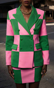 Salmon Pink and Apple Green Double-Breasted Power Check Blazer