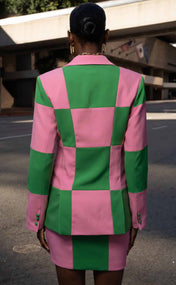 Salmon Pink and Apple Green Double-Breasted Power Check Blazer