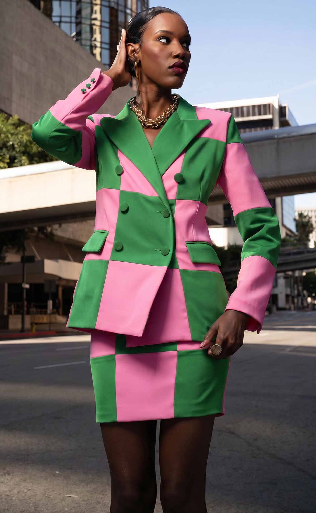 Salmon Pink and Apple Green Double-Breasted Power Check Blazer