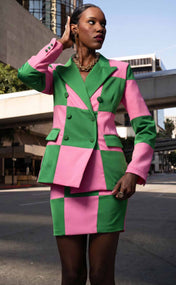 Salmon Pink and Apple Green Double-Breasted Power Check Blazer