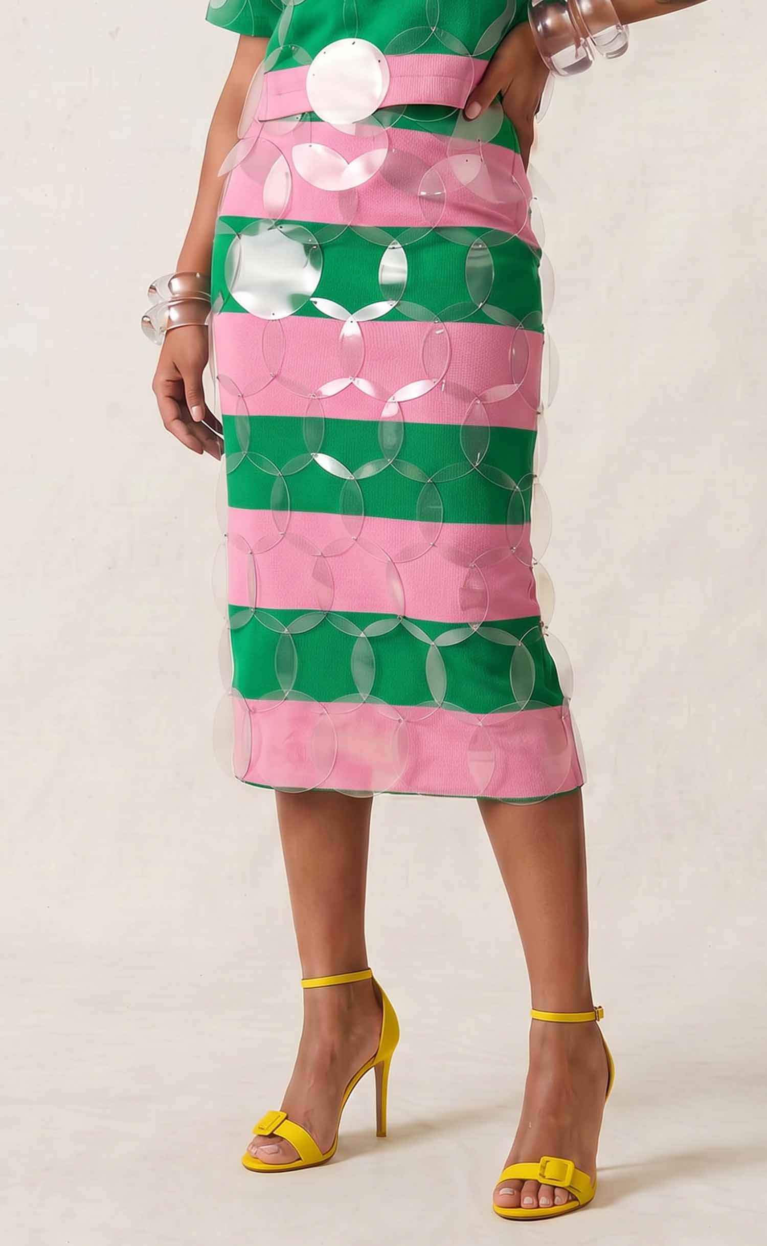 Salmon Pink and Apple Green Striped Bubbles Midi Skirt