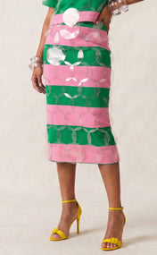 Salmon Pink and Apple Green Striped Bubbles Midi Skirt