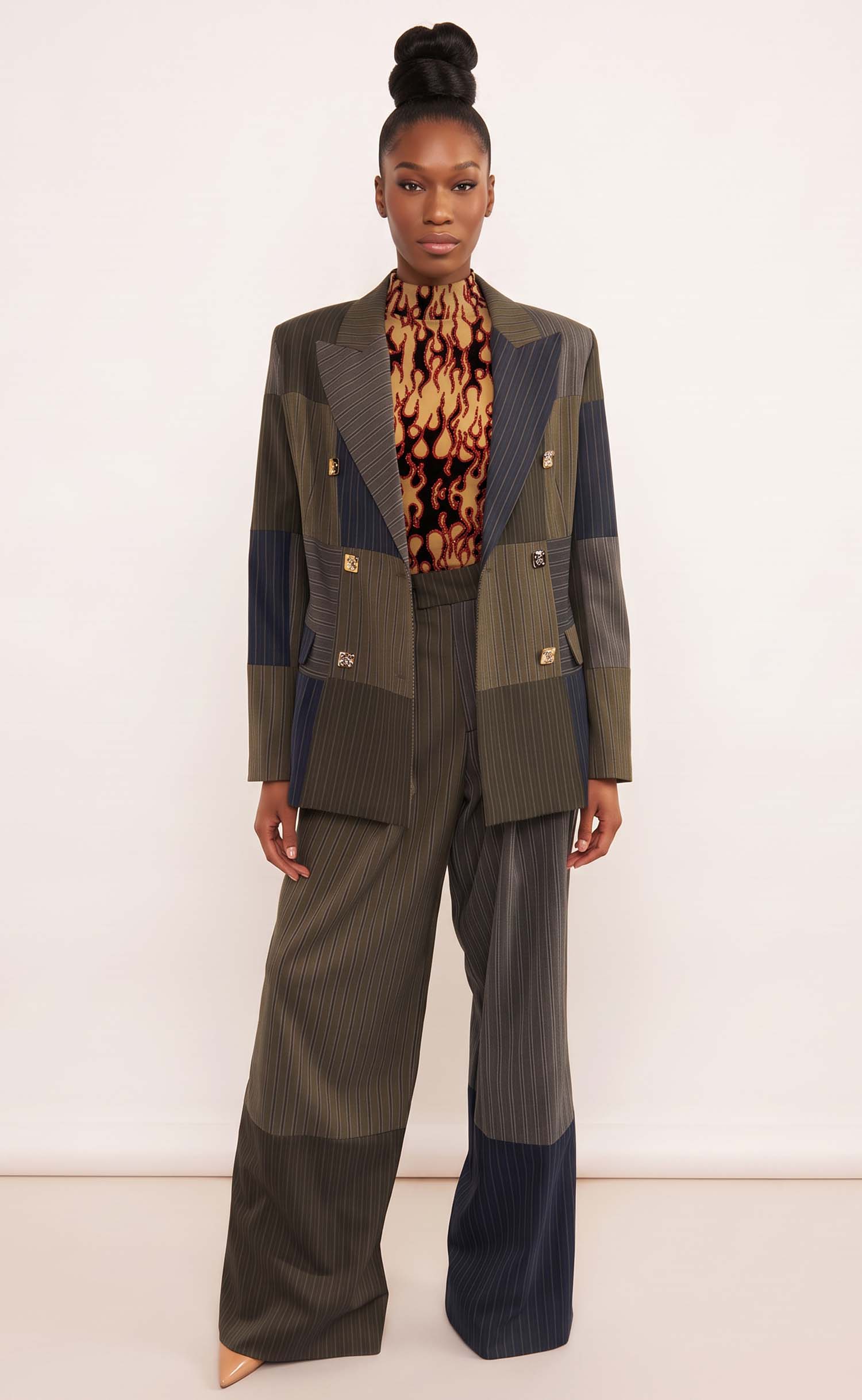 Mixed Pinstripe Double-Breasted Power Check Blazer