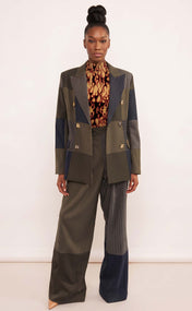 Mixed Pinstripe Double-Breasted Power Check Blazer