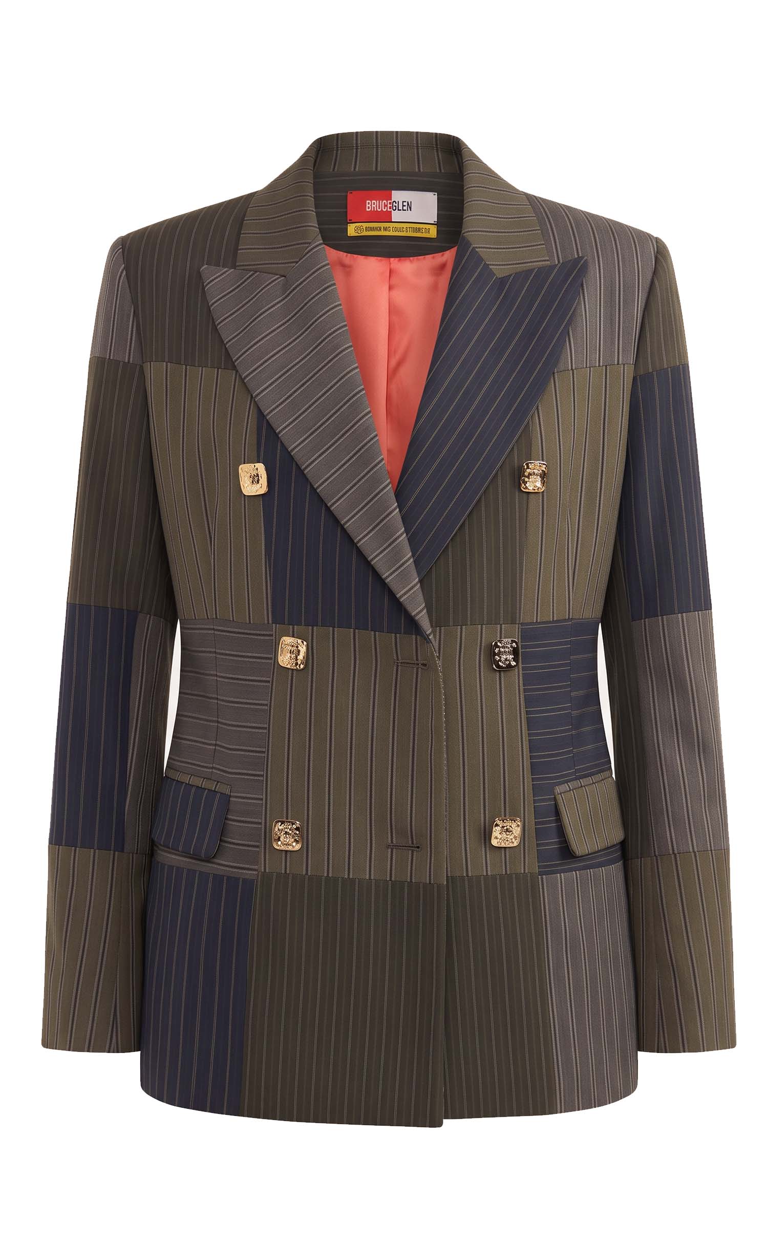 Mixed Pinstripe Double-Breasted Power Check Blazer