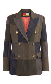 Mixed Pinstripe Double-Breasted Power Check Blazer