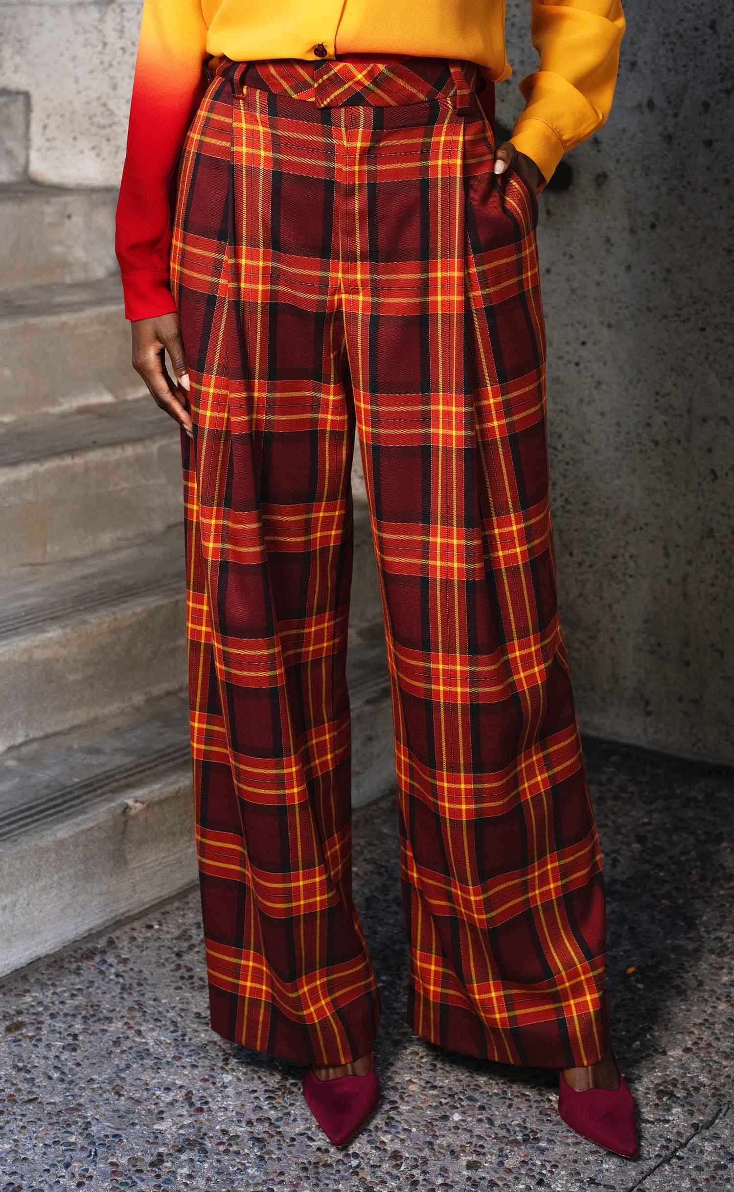 Maroon Plaid Wide Leg Trouser