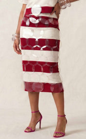 Crimson and Cream Striped Bubbles Midi Skirt