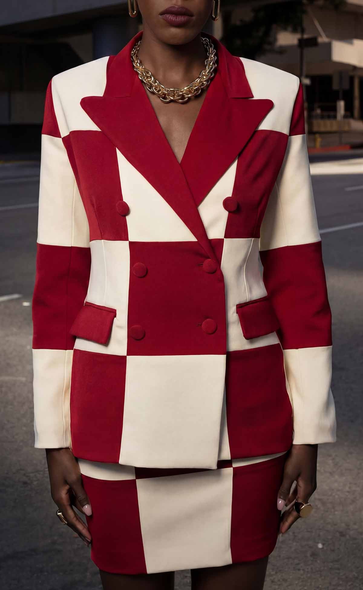 Crimson and Cream Double-Breasted Power Check Blazer