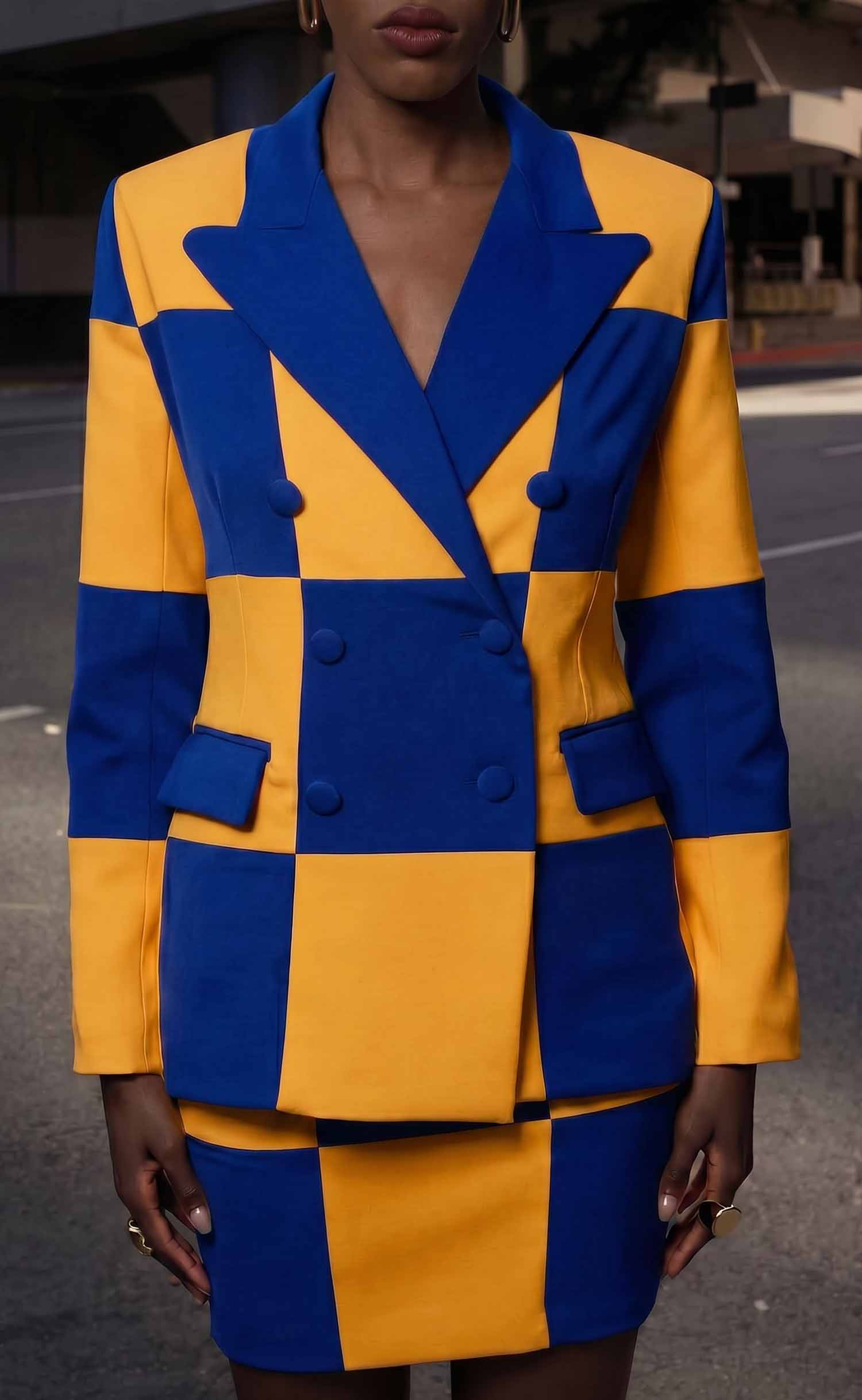 Royal Blue and Gold Double-Breasted Power Check Blazer