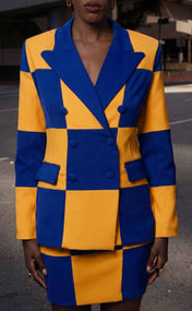 Royal Blue and Gold Double-Breasted Power Check Blazer