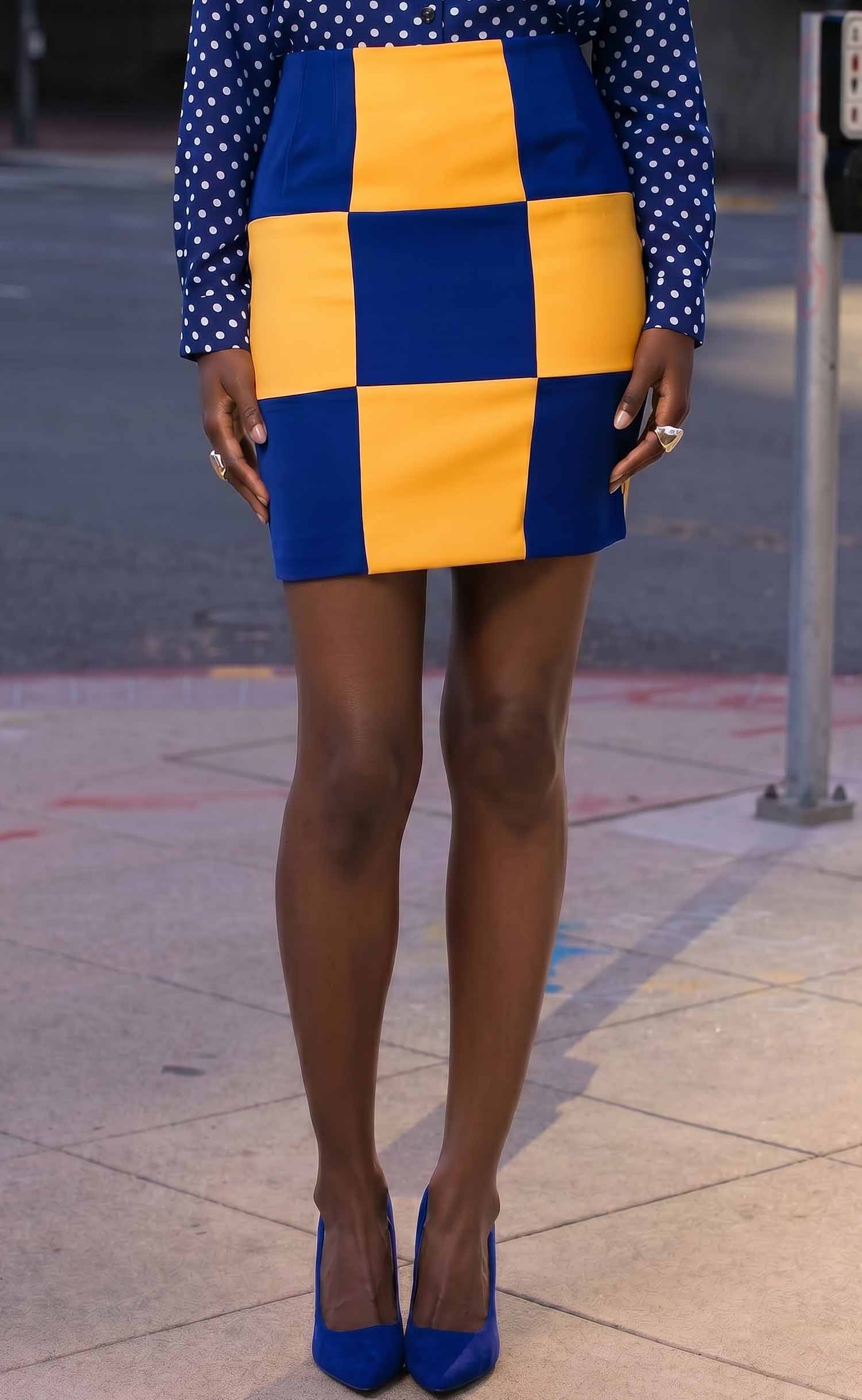 Royal Blue and Gold Check Power Skirt
