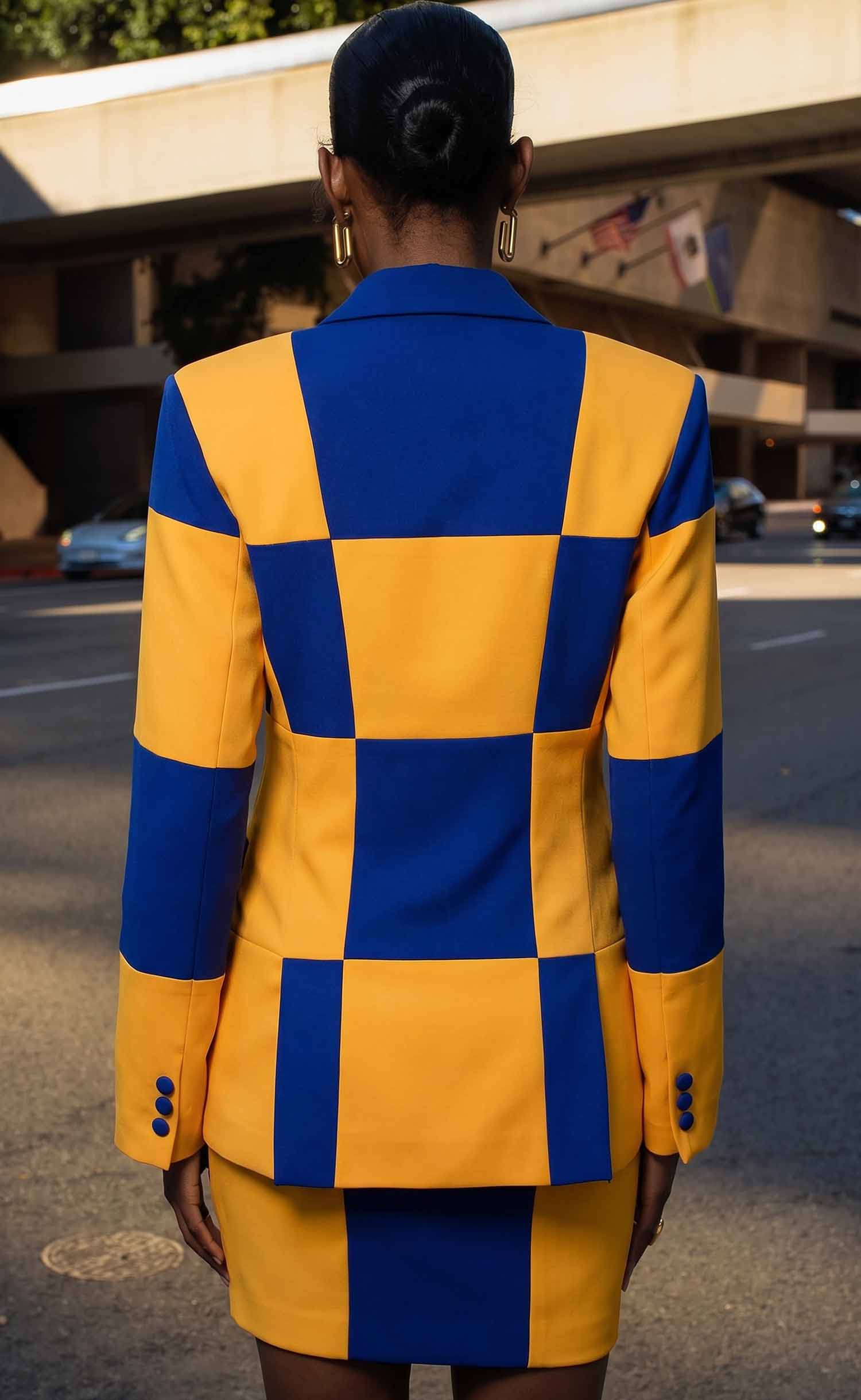 Royal Blue and Gold Double-Breasted Power Check Blazer