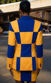 Royal Blue and Gold Double-Breasted Power Check Blazer