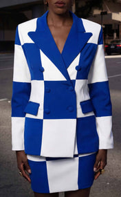 Royal Blue and White Double-Breasted Power Check Blazer