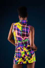 Chocolate Plaid Glitch Sleeveless Turtleneck