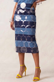 Blue on Blue Striped Bubbles Midi Skirt