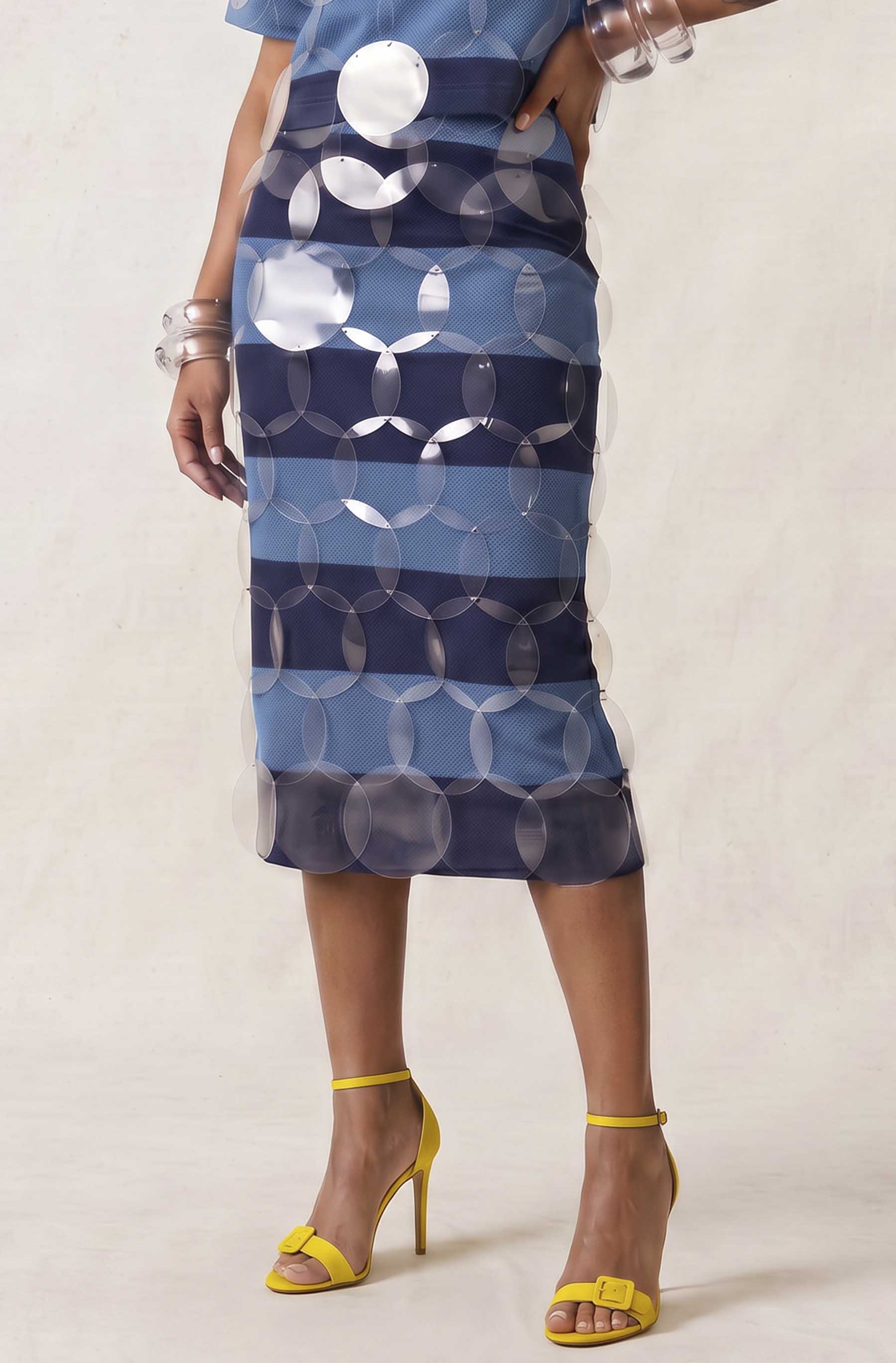 Blue on Blue Striped Bubbles Midi Skirt