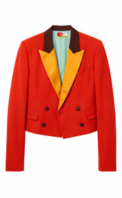 Tomato Red Color-Block Cropped Blazer